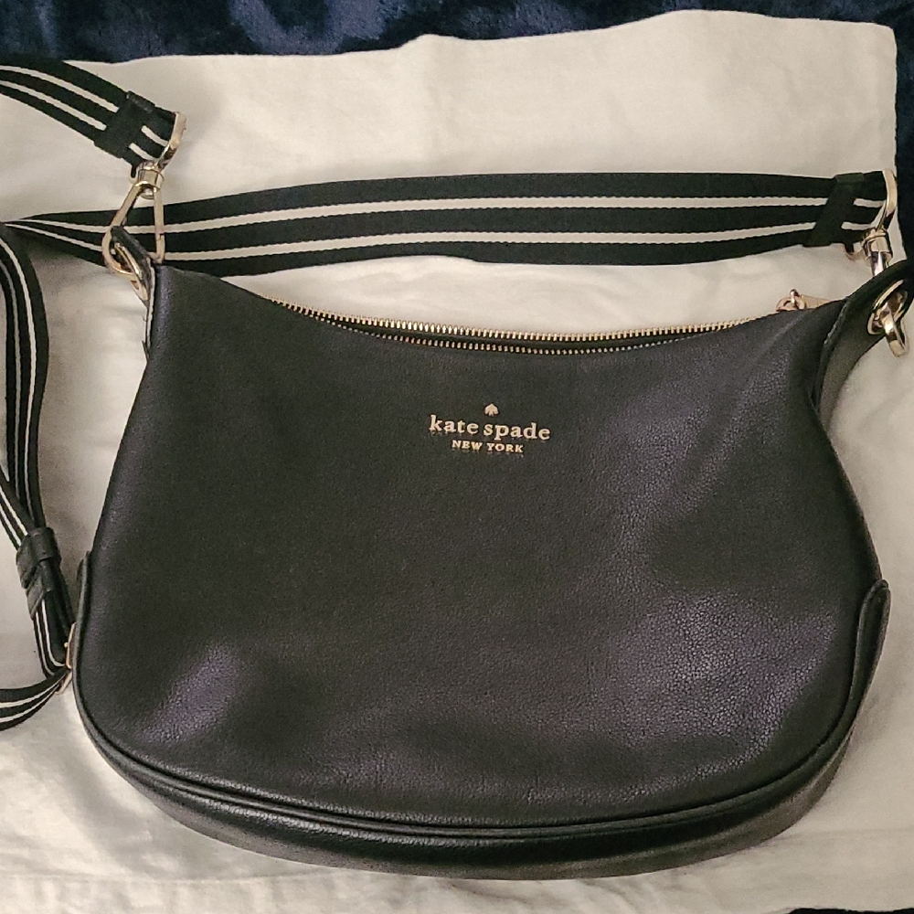 kate spade Black Leather Shoulder Bag with Striped Strap